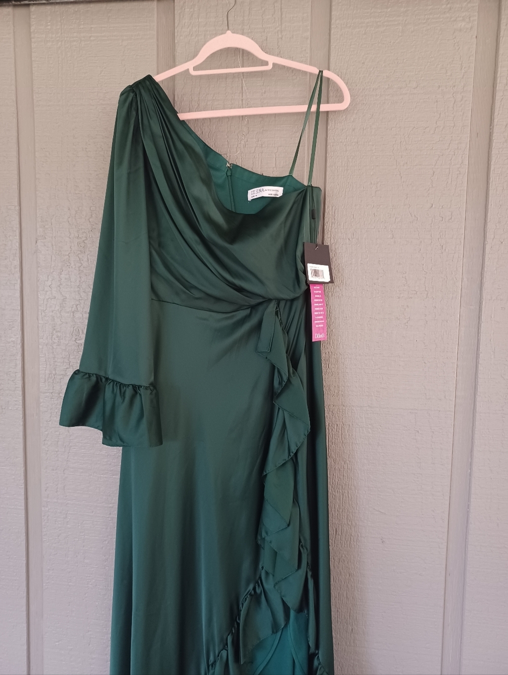 Ieena Mac Duggal Long One Sleeve Asymmetrical Ruffle Hem Gown Size 10 Emerald - Picture 13 of 16